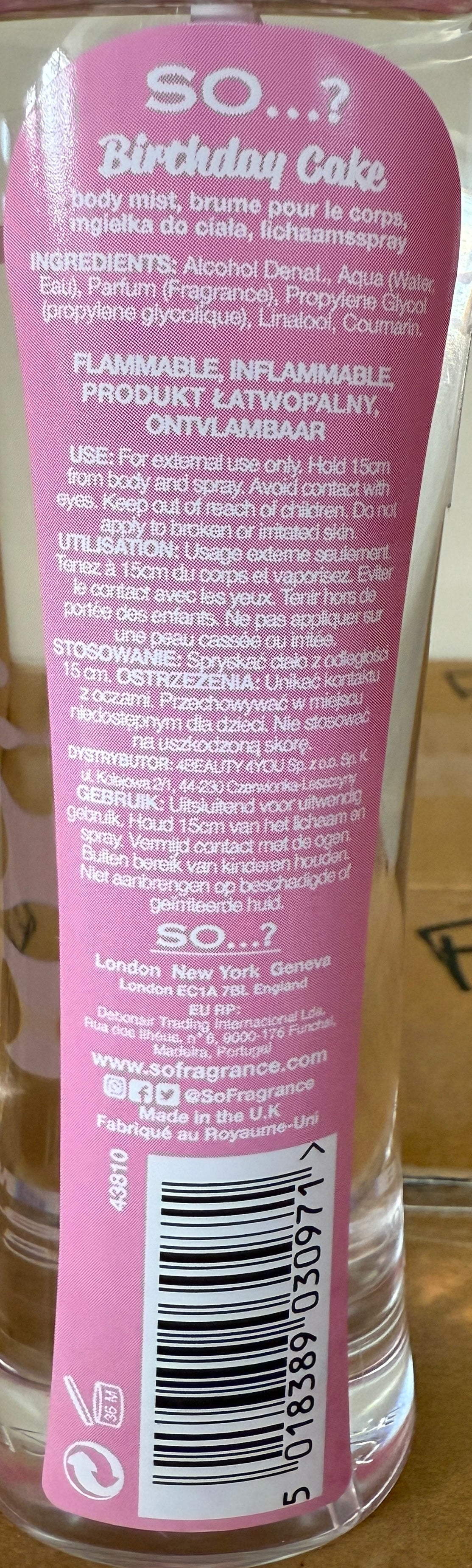 SO...?FRAGRANCE  Body Mist BIRTHDAY CAKE 100ml