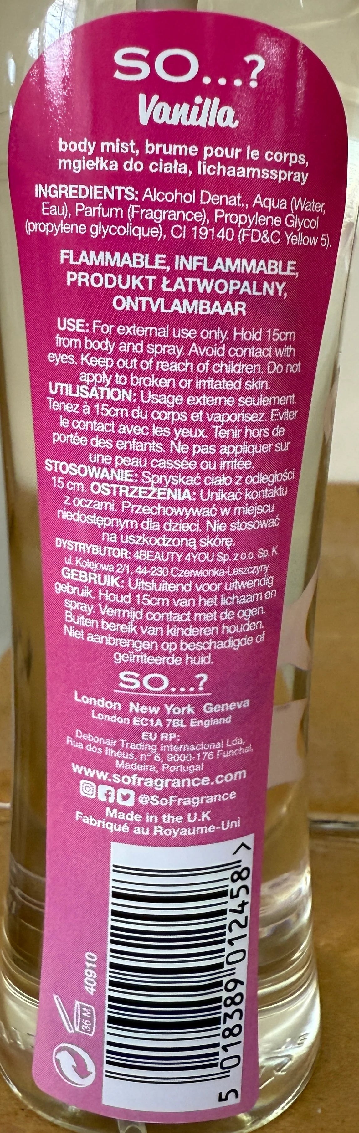 SO...? FRAGRANCE Body Mist VANILLA 100ml