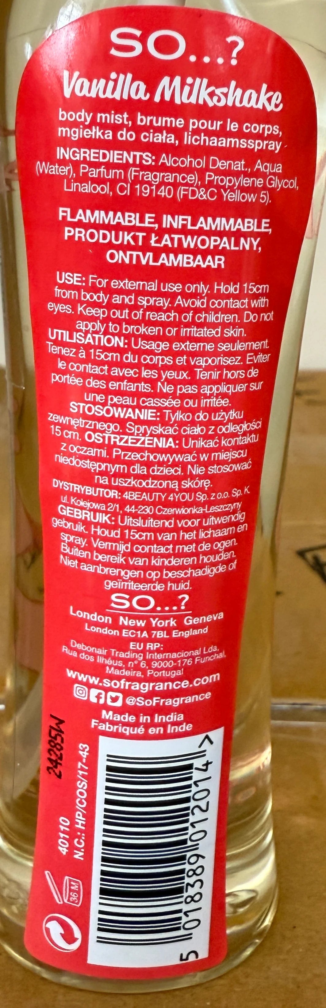 SO...? FRAGRANCE Body Mist VANILLA MILKSHAKE 100ml